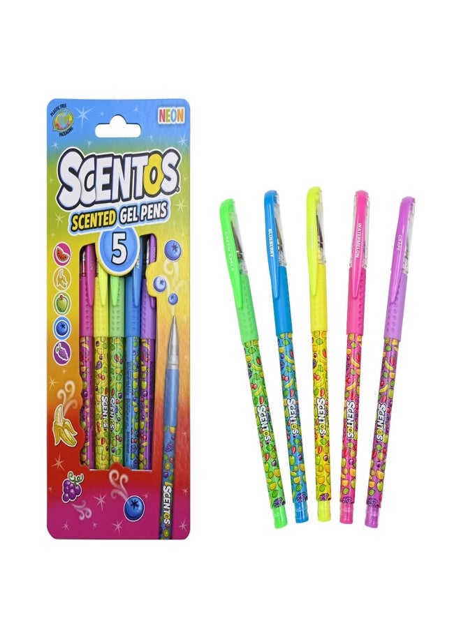 Scentos Scented Non-Toxic Neon Gel Pens Pack of 5 by Fratelli | Great For Drawing,Coloring,Writing And Gifting/Return Gifts | Designed in the USA - Image 1
